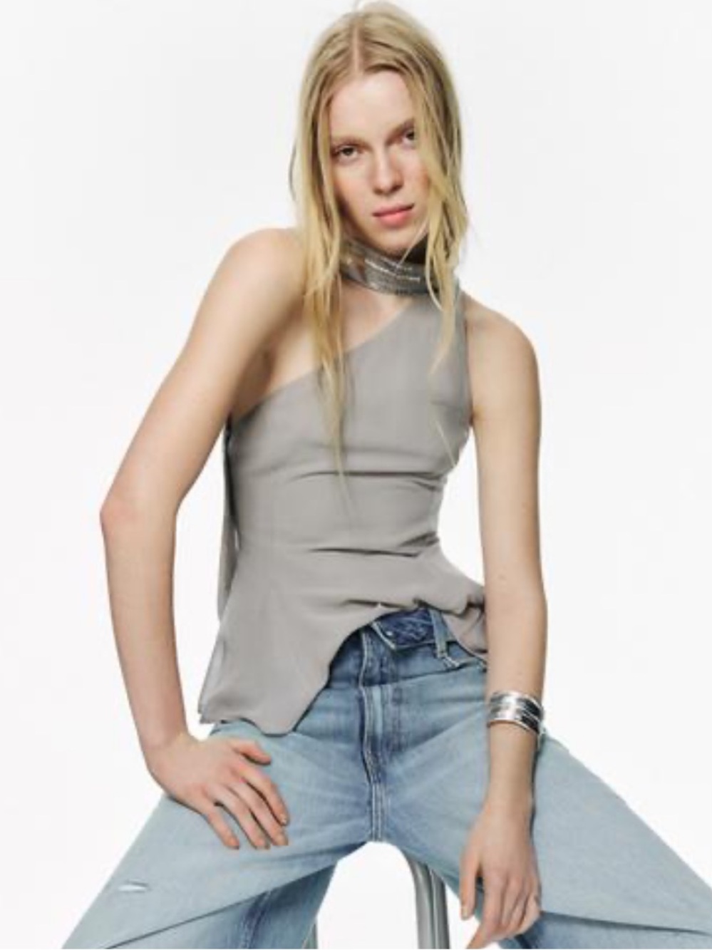 Zara Grey One-Shoulder Georgette Sequin Halter